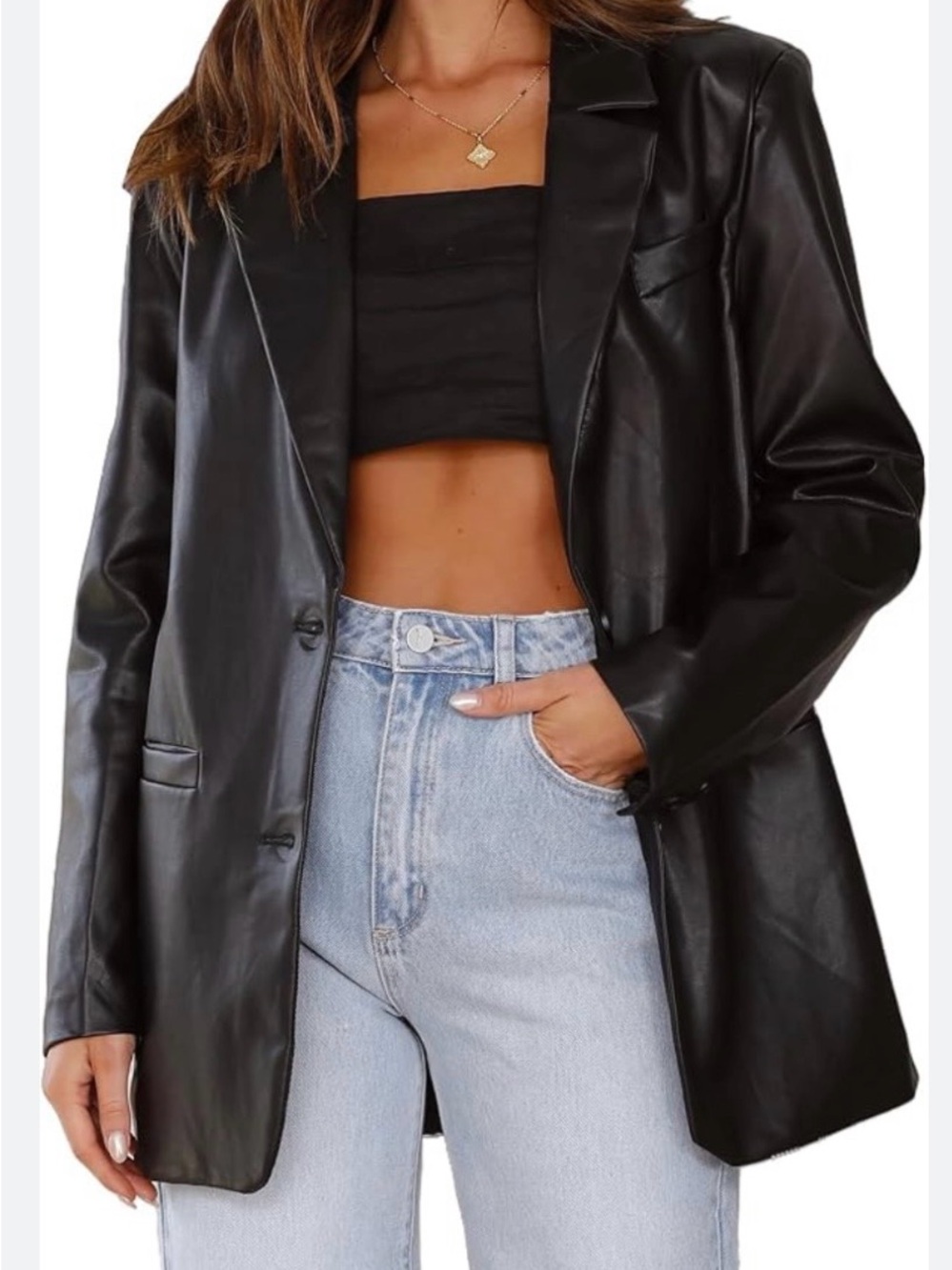 Black Faux Leather Blazer Jacket - Timeless Sleek Blazer